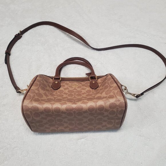 Coach Rowan Satchel Brown Cream Tan Classic Logo Canvas Shoulder Bag CV961 - Picture 5 of 14